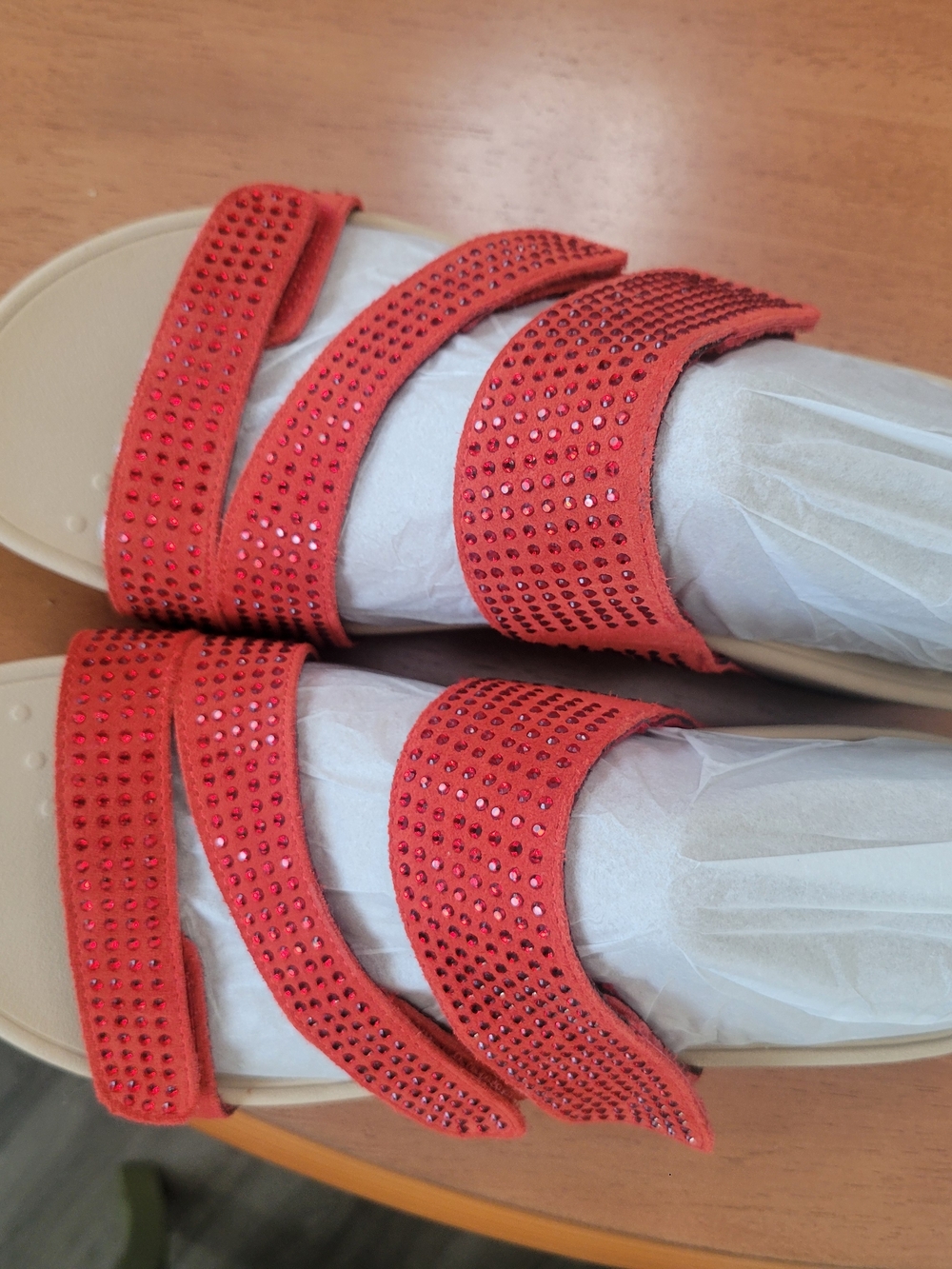 Vionic Red Triple-Strap Rhinestone Slide Sandals - Picture 3 of 5